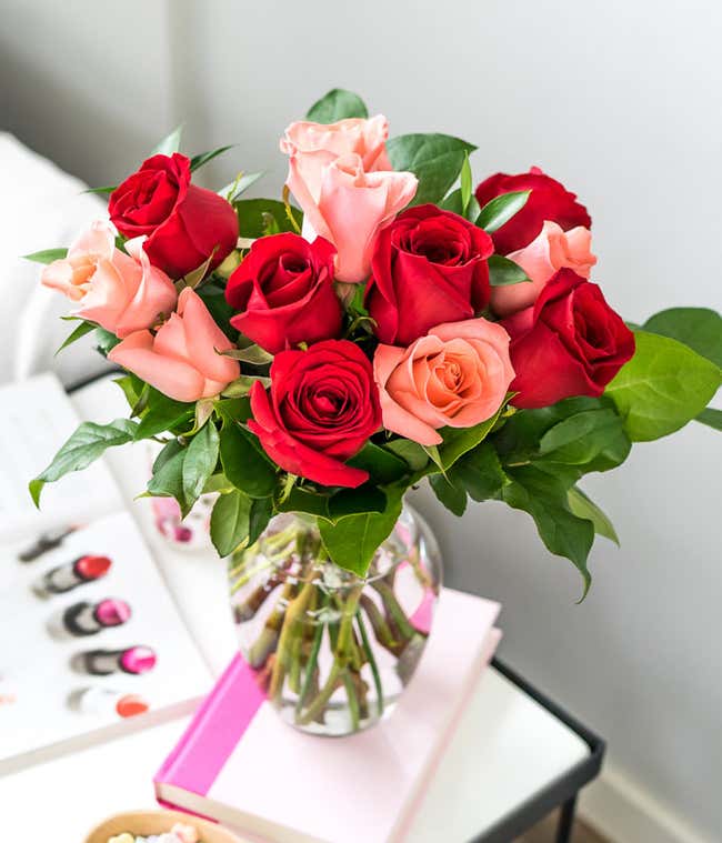 One Dozen Red &amp; Pink Long Stem Roses with a Clear Glass Vase