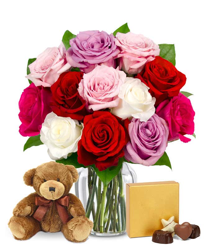 Purple roses, white roses, pink roses and red roses