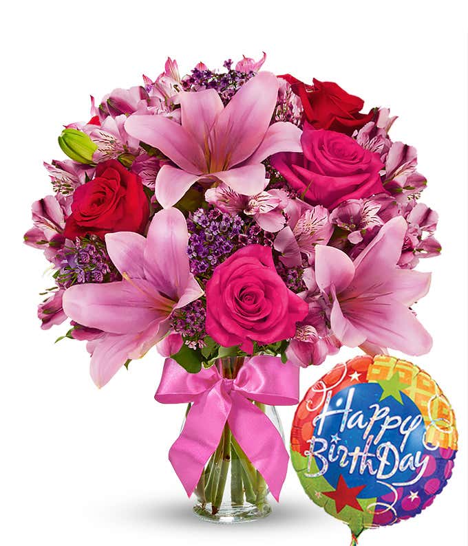 Rose & Lily Celebration with Birthday Balloon